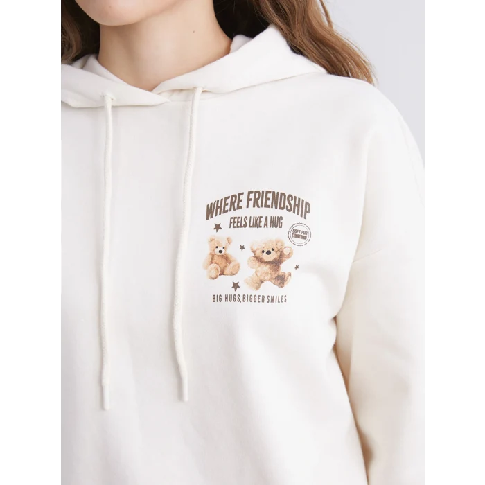 XSIDE Bej Baskılı Oversize Kadın Kalın Hoodie