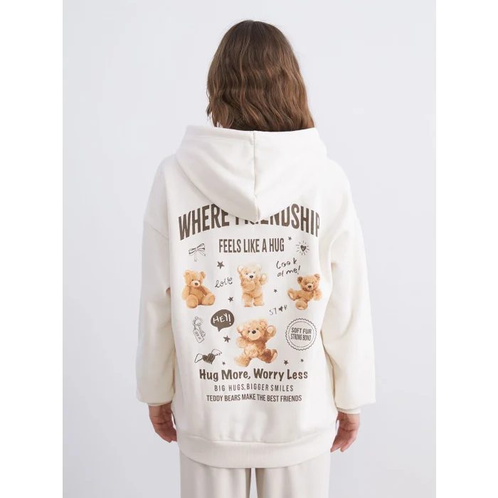 XSIDE Bej Baskılı Oversize Kadın Kalın Hoodie