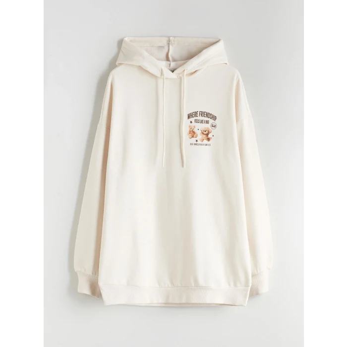 XSIDE Bej Baskılı Oversize Kadın Kalın Hoodie