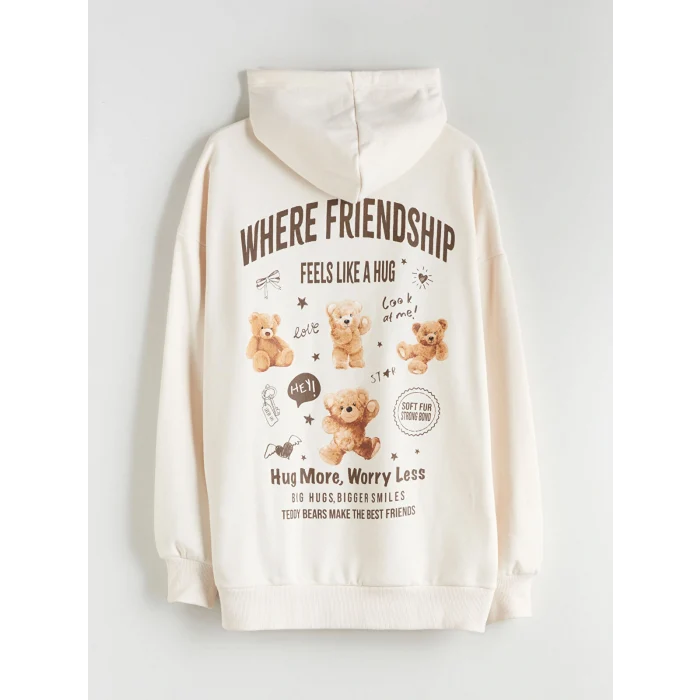 XSIDE Bej Baskılı Oversize Kadın Kalın Hoodie