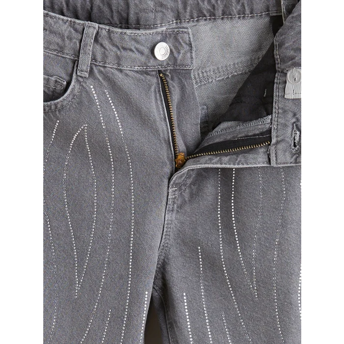 LCW Kids Gri Straight Fit Taşlı Kız Çocuk Jean Pantolon