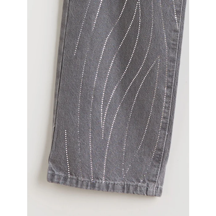 LCW Kids Gri Straight Fit Taşlı Kız Çocuk Jean Pantolon