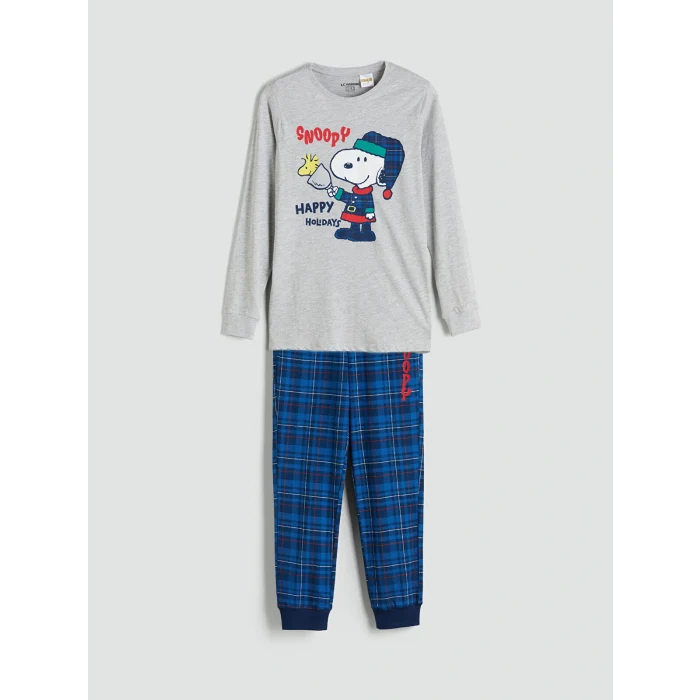 LCW Kids Gri Bisiklet Yaka Snoopy Baskılı Erkek Çocuk Pijama Takımı