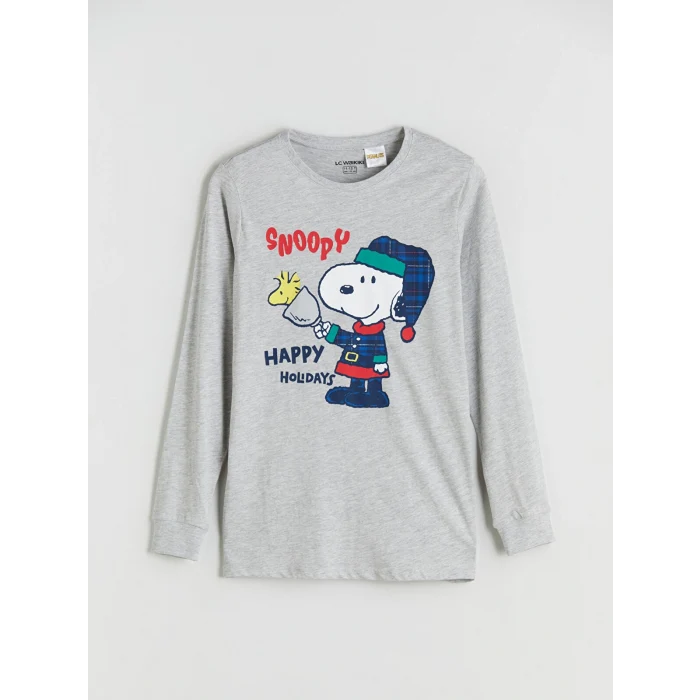 LCW Kids Gri Bisiklet Yaka Snoopy Baskılı Erkek Çocuk Pijama Takımı