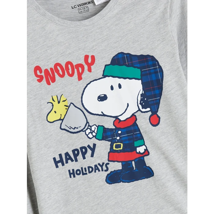 LCW Kids Gri Bisiklet Yaka Snoopy Baskılı Erkek Çocuk Pijama Takımı