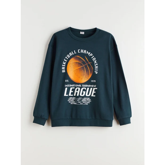 LCW Kids Petrol Bisiklet Yaka Baskılı Erkek Çocuk Sweatshirt