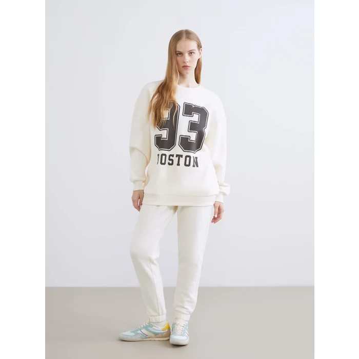 XSIDE Bej Boston Baskılı Oversize Kadın Kalın Sweatshirt