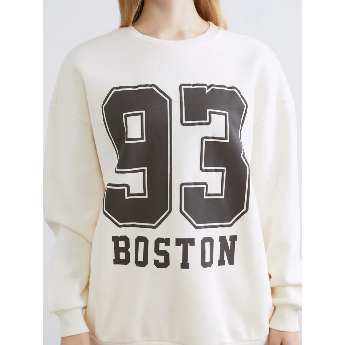 XSIDE Bej Boston Baskılı Oversize Kadın Kalın Sweatshirt