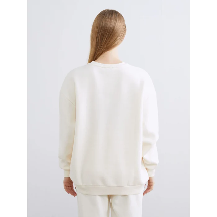 XSIDE Bej Boston Baskılı Oversize Kadın Kalın Sweatshirt