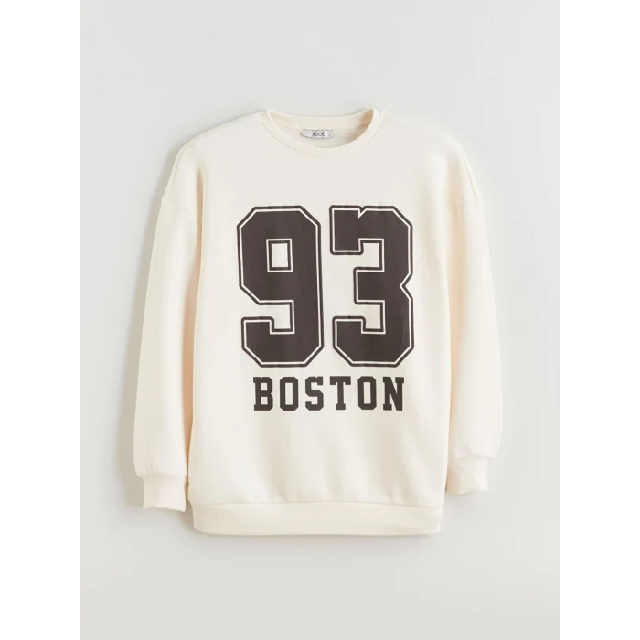 XSIDE Bej Boston Baskılı Oversize Kadın Kalın Sweatshirt