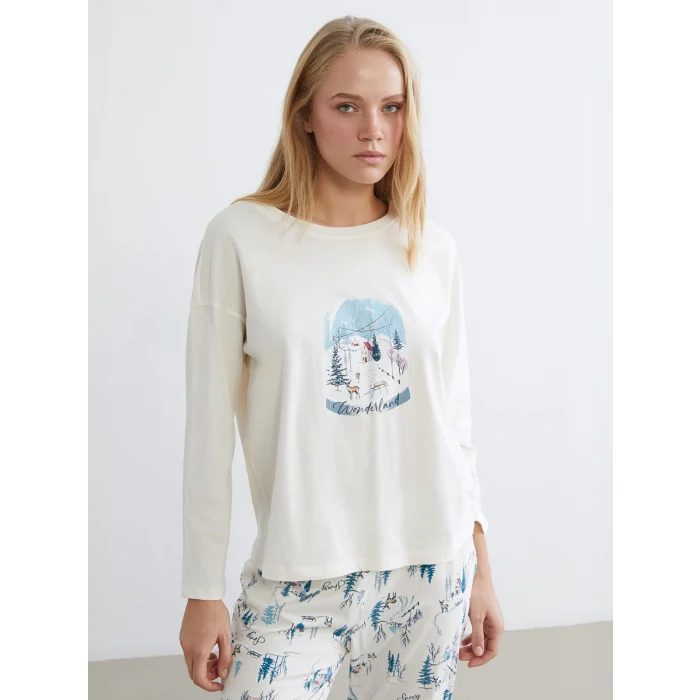 LCW DREAM Ekru Bisiklet Yaka Yılbaşı Temalı Kadın Pijama Takımı