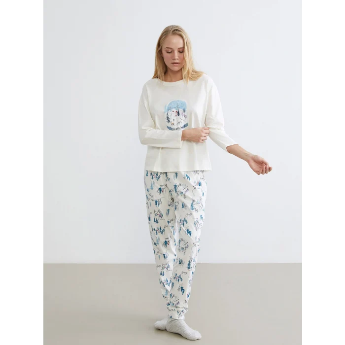 LCW DREAM Ekru Bisiklet Yaka Yılbaşı Temalı Kadın Pijama Takımı