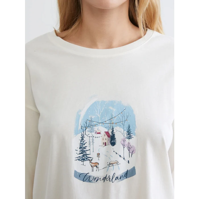 LCW DREAM Ekru Bisiklet Yaka Yılbaşı Temalı Kadın Pijama Takımı