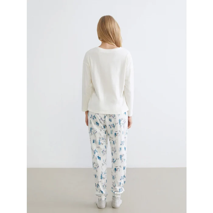 LCW DREAM Ekru Bisiklet Yaka Yılbaşı Temalı Kadın Pijama Takımı