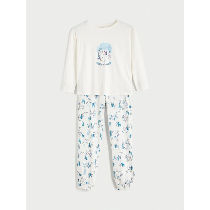 LCW DREAM Ekru Bisiklet Yaka Yılbaşı Temalı Kadın Pijama Takımı