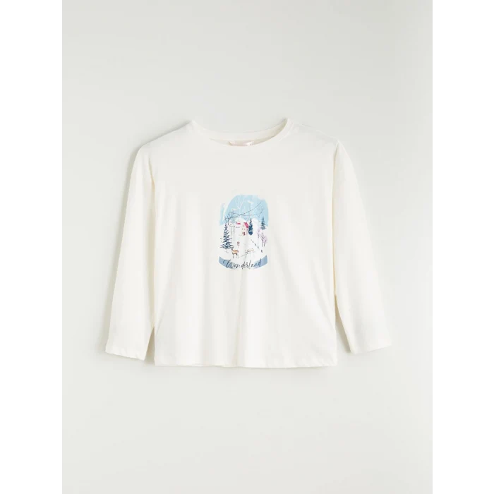 LCW DREAM Ekru Bisiklet Yaka Yılbaşı Temalı Kadın Pijama Takımı