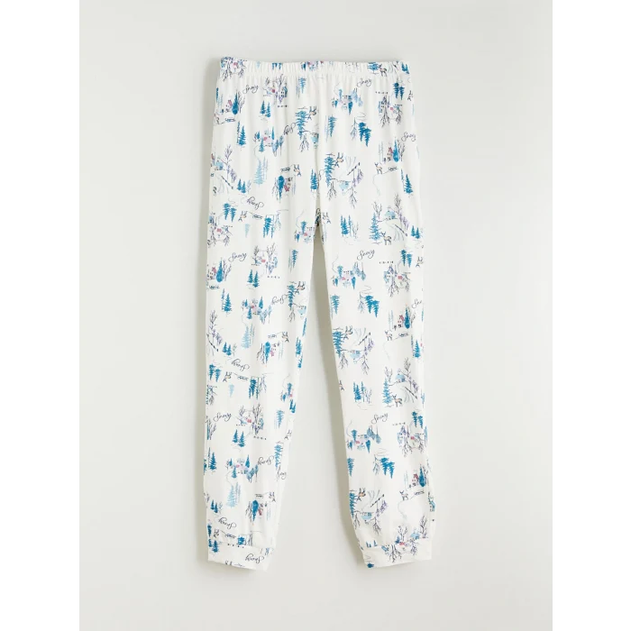 LCW DREAM Ekru Bisiklet Yaka Yılbaşı Temalı Kadın Pijama Takımı