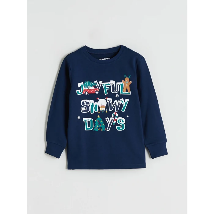 LCW Kids Lacivert Bisiklet Yaka Yılbaşı Temalı Erkek Çocuk Pijama Takımı