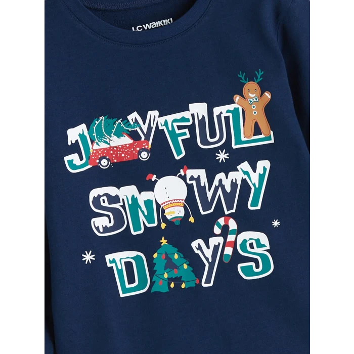 LCW Kids Lacivert Bisiklet Yaka Yılbaşı Temalı Erkek Çocuk Pijama Takımı