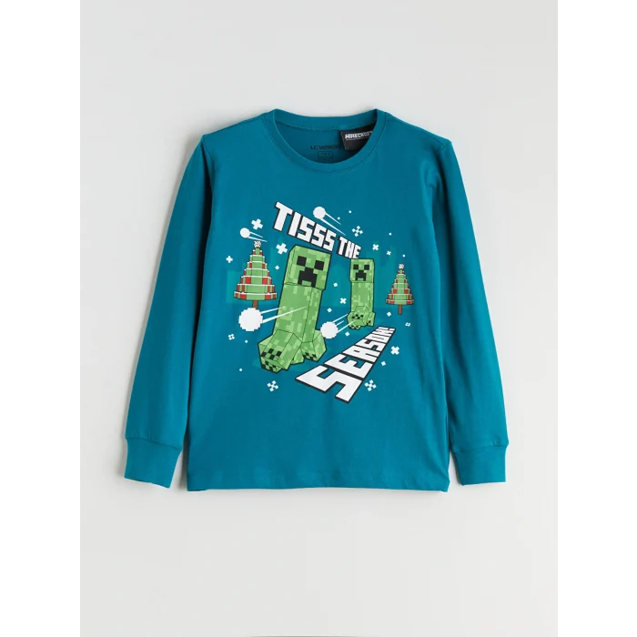 LCW Kids Turkuaz Bisiklet Yaka Minecraft Baskılı Erkek Çocuk Pijama Takımı