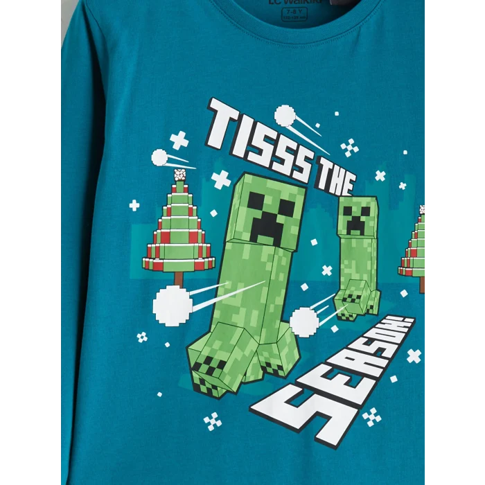 LCW Kids Turkuaz Bisiklet Yaka Minecraft Baskılı Erkek Çocuk Pijama Takımı