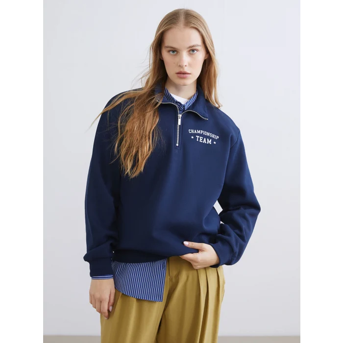 XSIDE Lacivert Dik Yaka Baskılı Oversize Kadın Kalın Sweatshirt