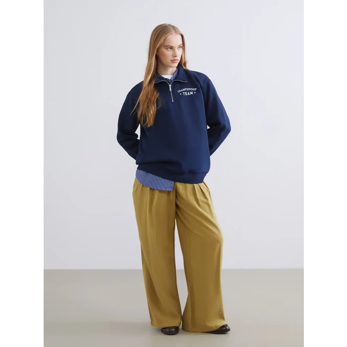 XSIDE Lacivert Dik Yaka Baskılı Oversize Kadın Kalın Sweatshirt