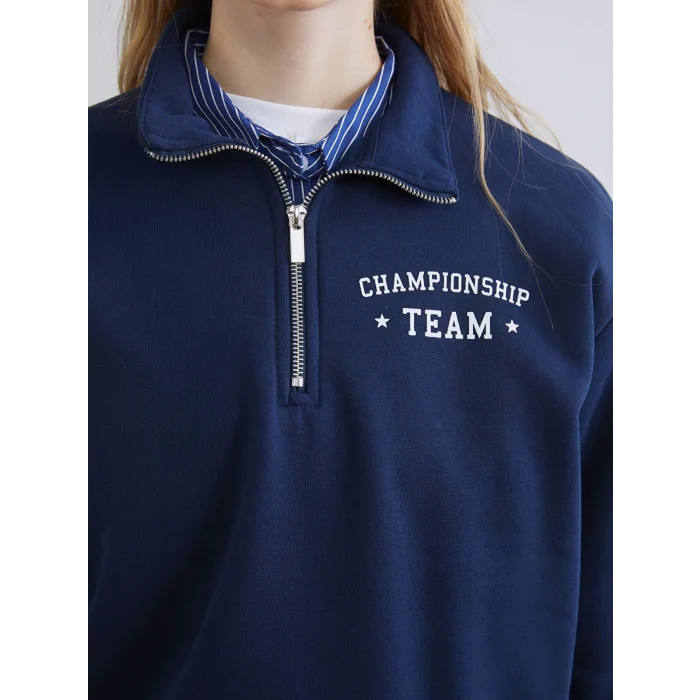 XSIDE Lacivert Dik Yaka Baskılı Oversize Kadın Kalın Sweatshirt