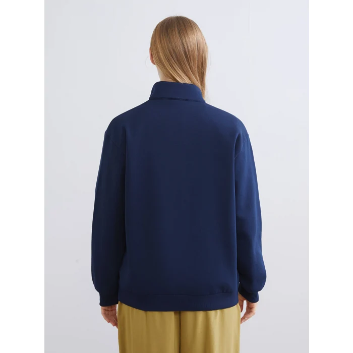 XSIDE Lacivert Dik Yaka Baskılı Oversize Kadın Kalın Sweatshirt