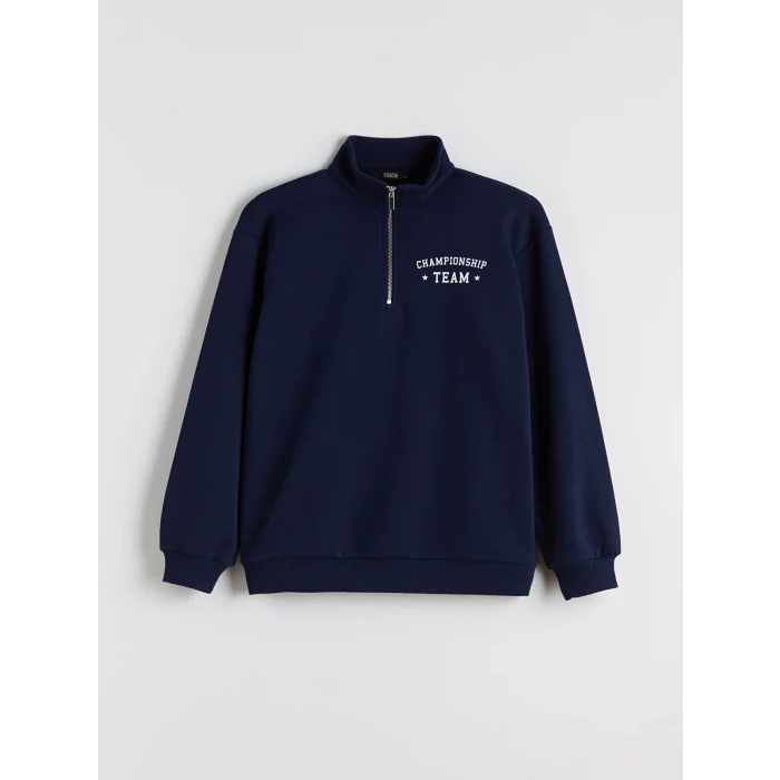 XSIDE Lacivert Dik Yaka Baskılı Oversize Kadın Kalın Sweatshirt