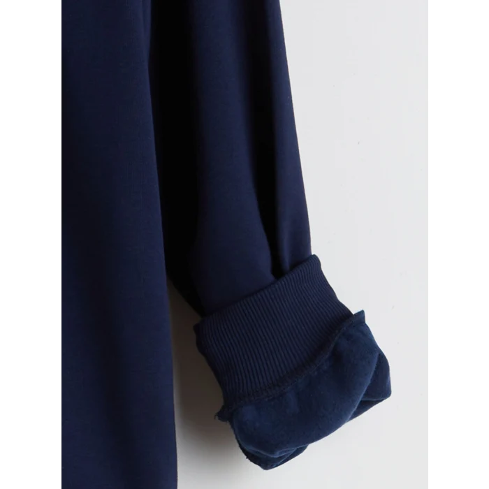 XSIDE Lacivert Dik Yaka Baskılı Oversize Kadın Kalın Sweatshirt