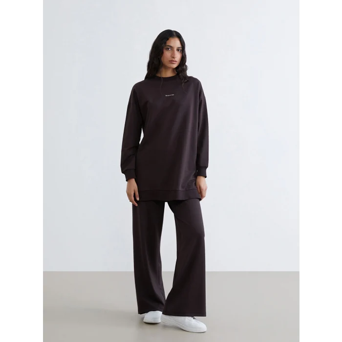 LCW Modest Kahverengi Paris Nakışlı Kadın Sweatshirt Tunik