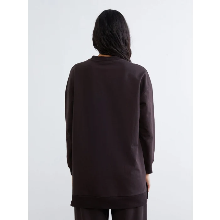 LCW Modest Kahverengi Paris Nakışlı Kadın Sweatshirt Tunik