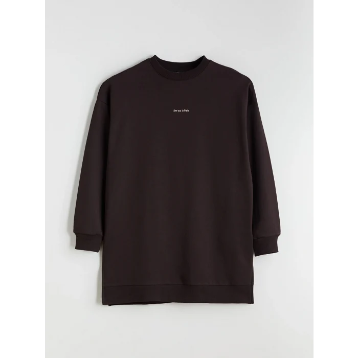 LCW Modest Kahverengi Paris Nakışlı Kadın Sweatshirt Tunik