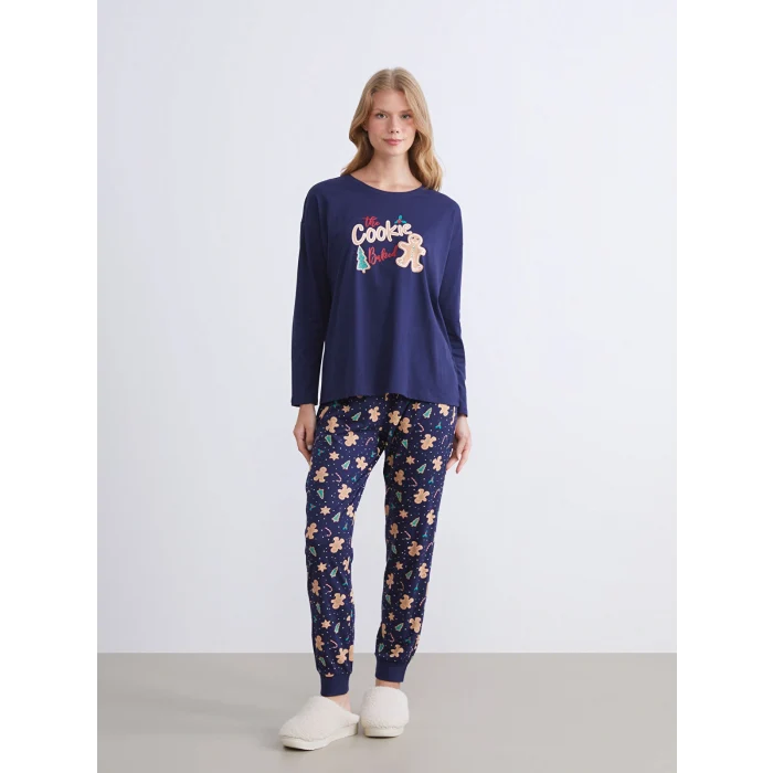 LCW DREAM Lacivert Kurabiye Adam Baskılı Kadın Pijama Takımı