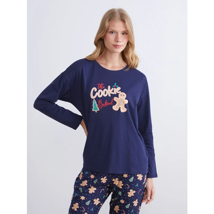 LCW DREAM Lacivert Kurabiye Adam Baskılı Kadın Pijama Takımı