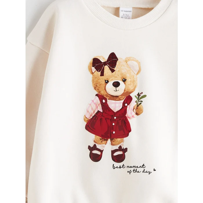 LCW Kids Ekru Ayıcık Baskılı Kız Çocuk Sweatshirt ve Tayt Pantolon 2li