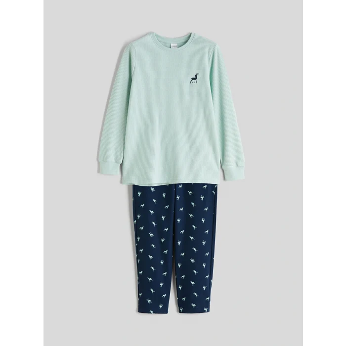 LCW Kids Yeşil Baskılı Waffle Erkek Çocuk Pijama Takımı