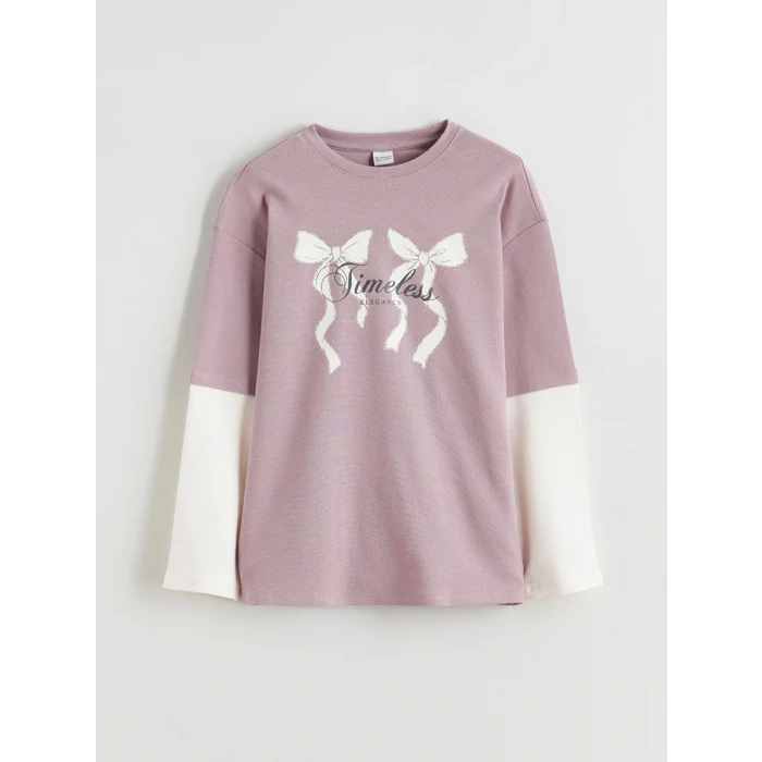 LCW Kids Lila Bisiklet Yaka Fiyonk Baskılı Kız Çocuk Tişört