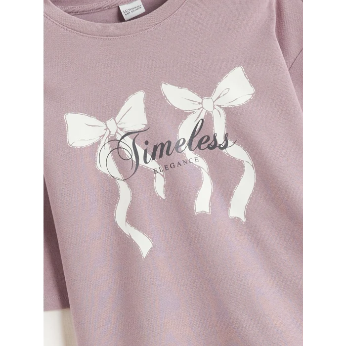 LCW Kids Lila Bisiklet Yaka Fiyonk Baskılı Kız Çocuk Tişört