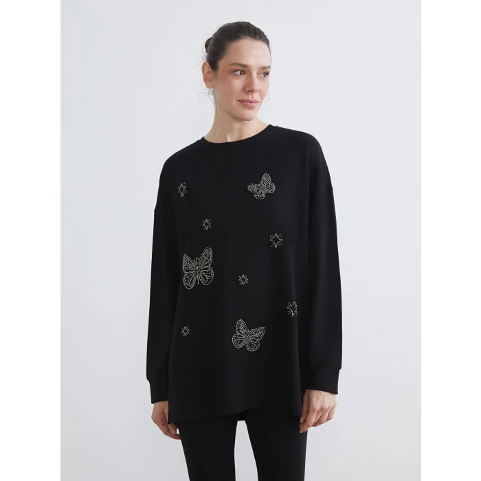 LCWAIKIKI Basic Siyah Bisiklet Yaka Taşlı Kadın Sweatshirt Tunik