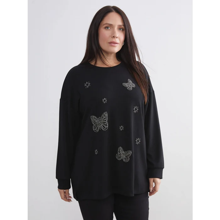 LCWAIKIKI Basic Siyah Bisiklet Yaka Taşlı Kadın Sweatshirt Tunik