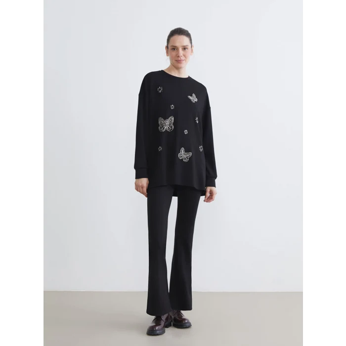 LCWAIKIKI Basic Siyah Bisiklet Yaka Taşlı Kadın Sweatshirt Tunik