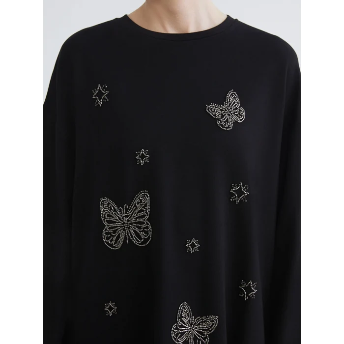 LCWAIKIKI Basic Siyah Bisiklet Yaka Taşlı Kadın Sweatshirt Tunik