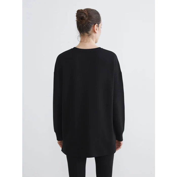 LCWAIKIKI Basic Siyah Bisiklet Yaka Taşlı Kadın Sweatshirt Tunik