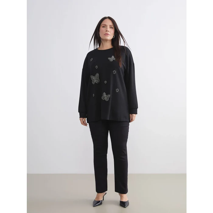 LCWAIKIKI Basic Siyah Bisiklet Yaka Taşlı Kadın Sweatshirt Tunik