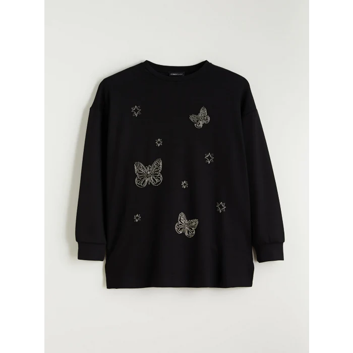 LCWAIKIKI Basic Siyah Bisiklet Yaka Taşlı Kadın Sweatshirt Tunik