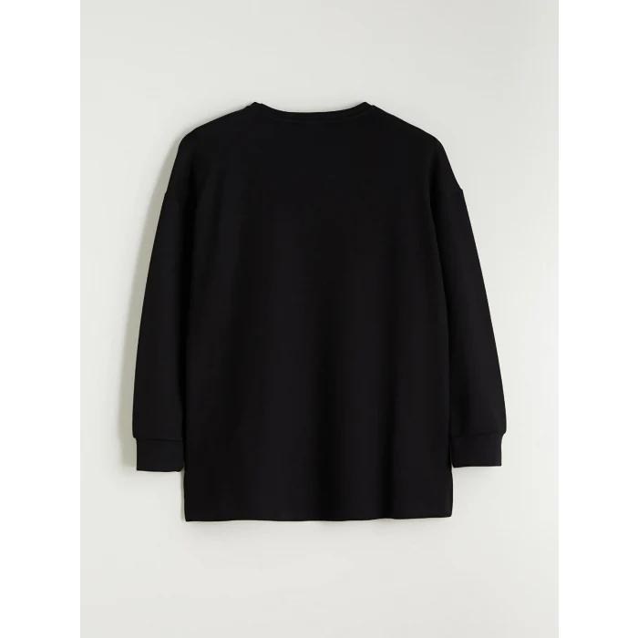 LCWAIKIKI Basic Siyah Bisiklet Yaka Taşlı Kadın Sweatshirt Tunik