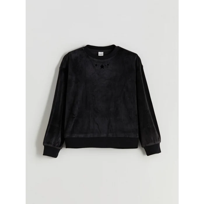 LCW Kids Siyah Bisiklet Yaka Kadife Kız Çocuk Sweatshirt