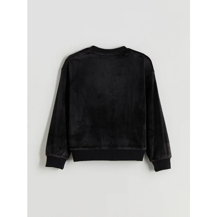 LCW Kids Siyah Bisiklet Yaka Kadife Kız Çocuk Sweatshirt